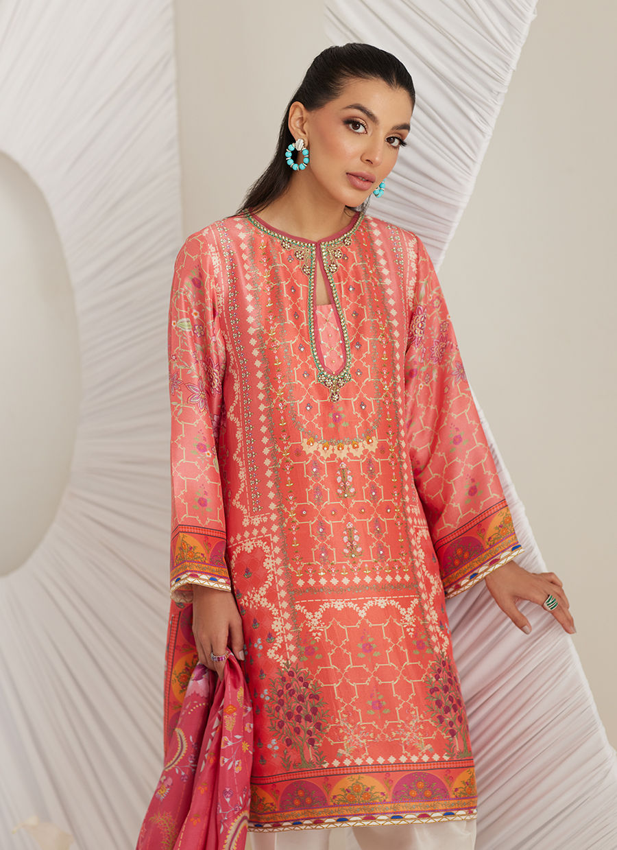 Lea Eid'25-Lillia Tangerine Shirt and Dupatta