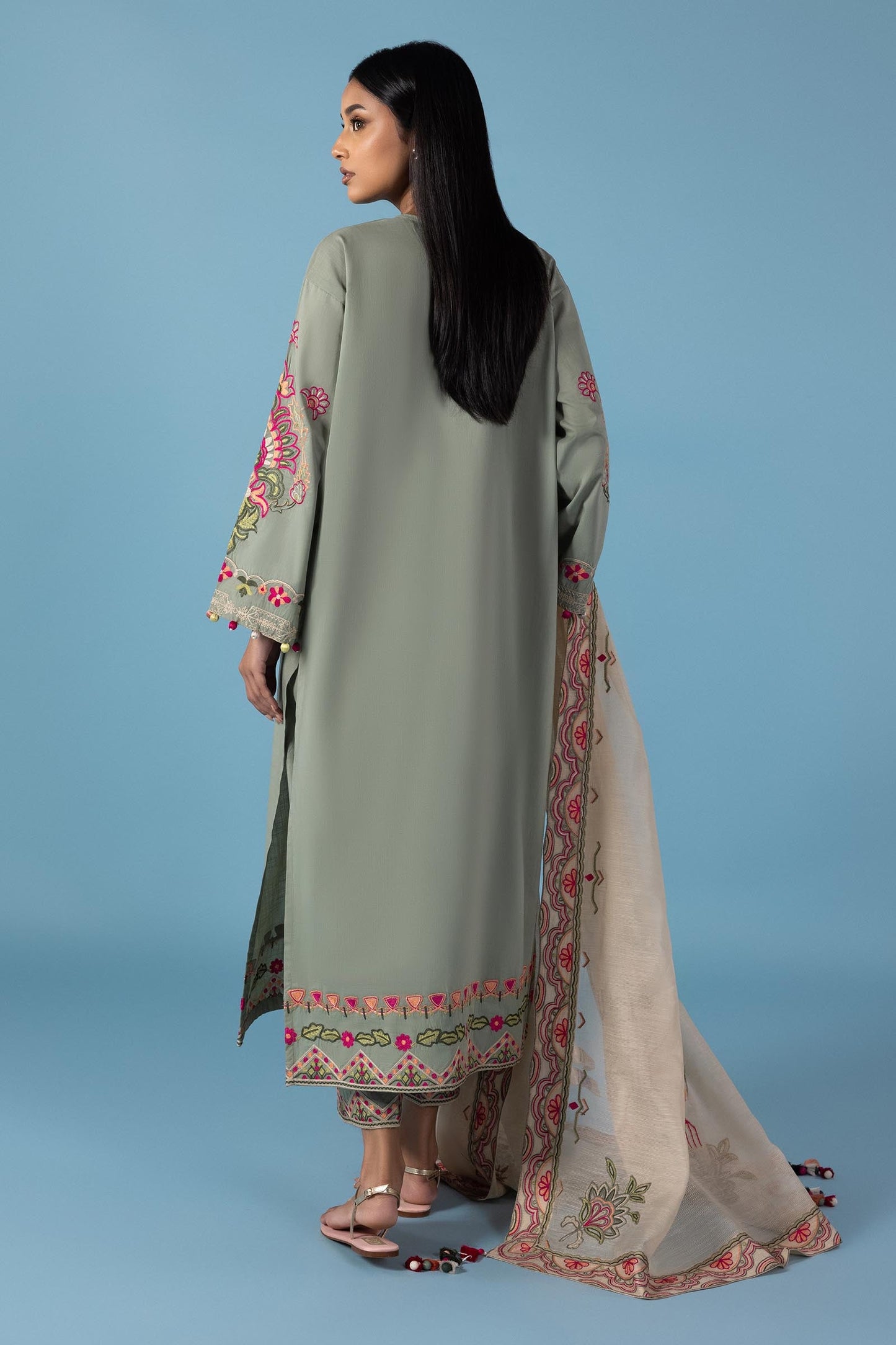 Stitched Embroidered Lawn Green Shirt and Bottom - RTS