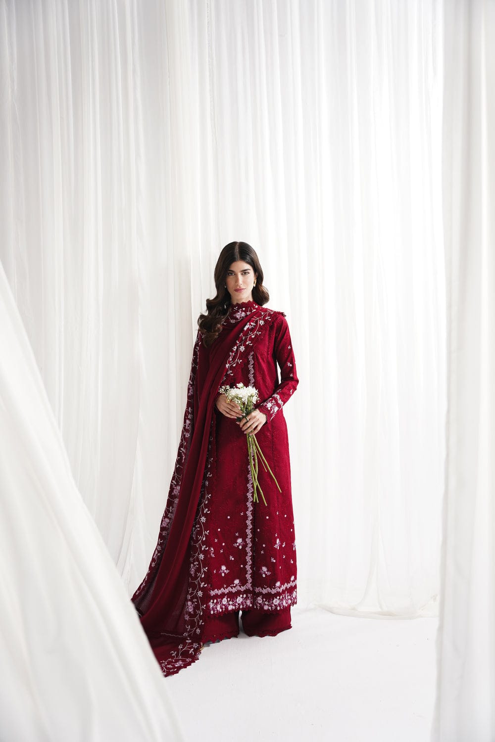Zaib SS Eid Pret '25- RICH DEEP MAROON LUXURY EMBROIDERED 3PCS SET NPA3-25416 - RTS