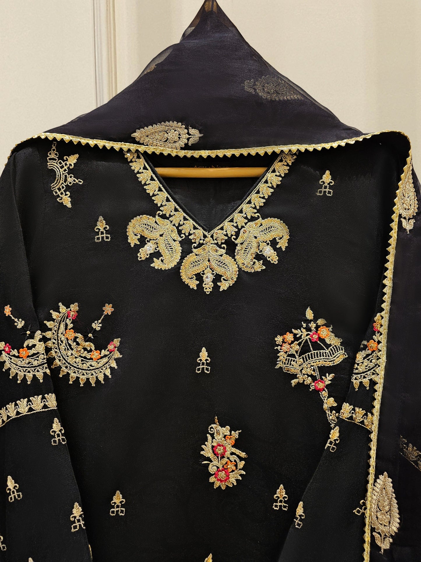 3 Piece- Pure Silk Net Embroidered Suit S111669 - RTS