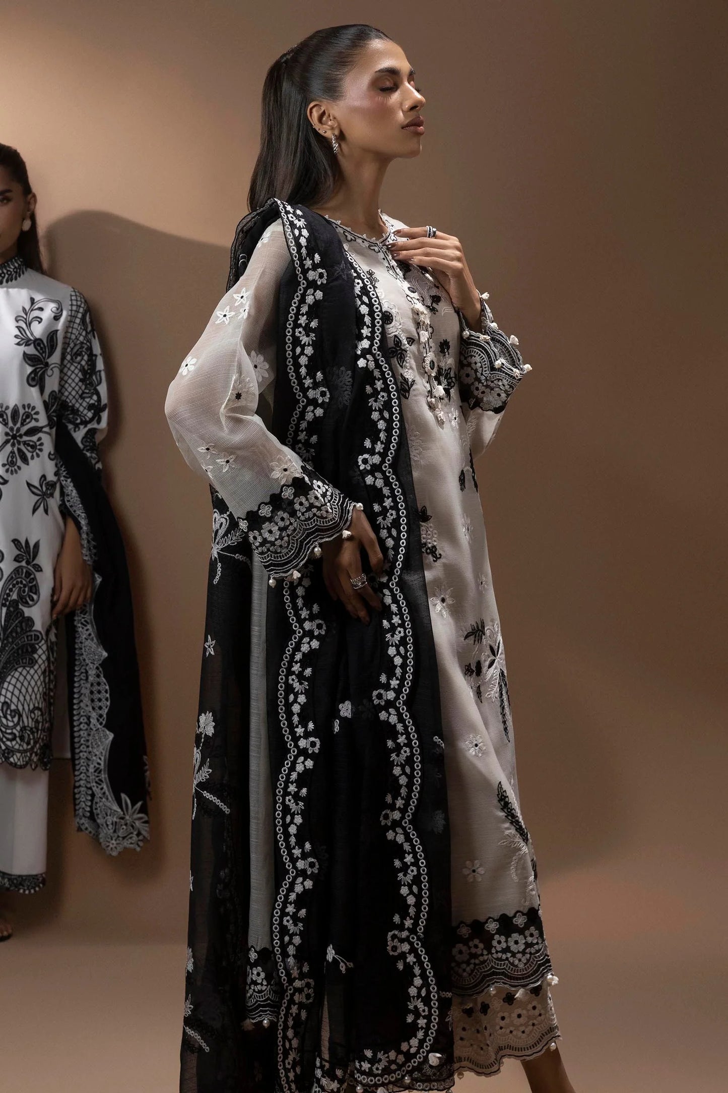 Stitched Embroidered Shirt Beige & Black - RTS
