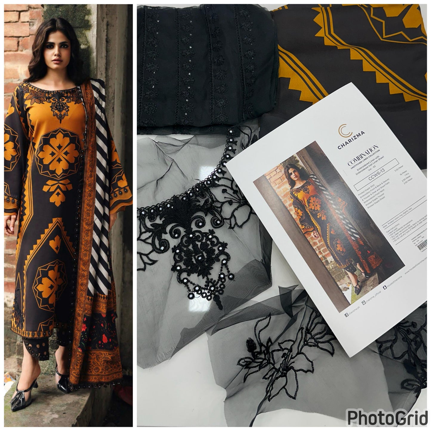 Charizma Black & Mustard Embroidered Unstitched