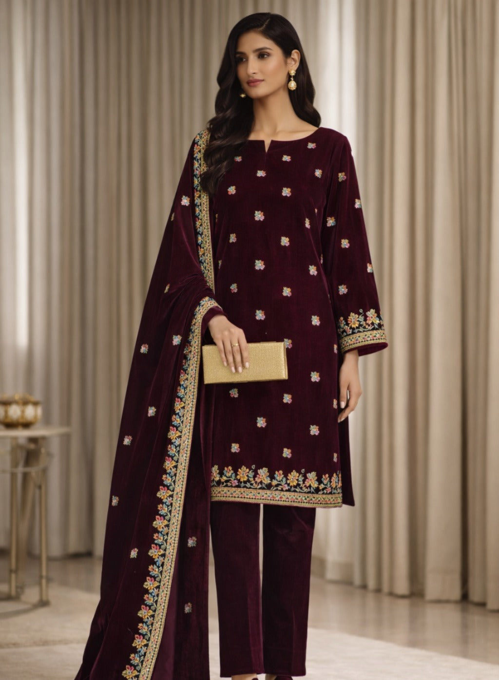 Zeya Velvet - Maroon 02 Velvet Unstitched Suit – 3 Piece Set - RTS
