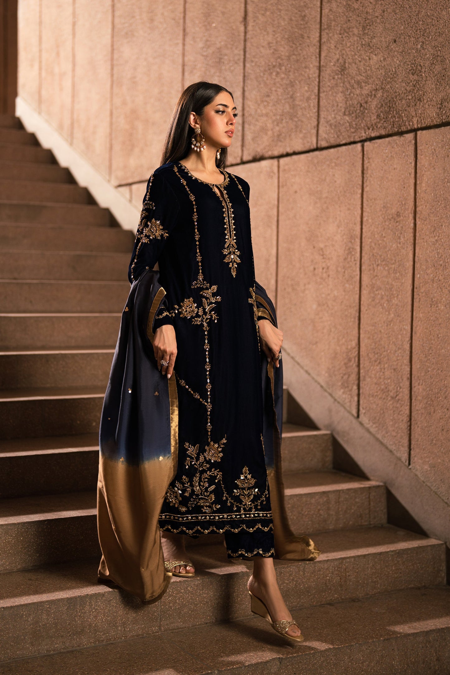 Blue and Bronze Gold Velvet Set (D-12)