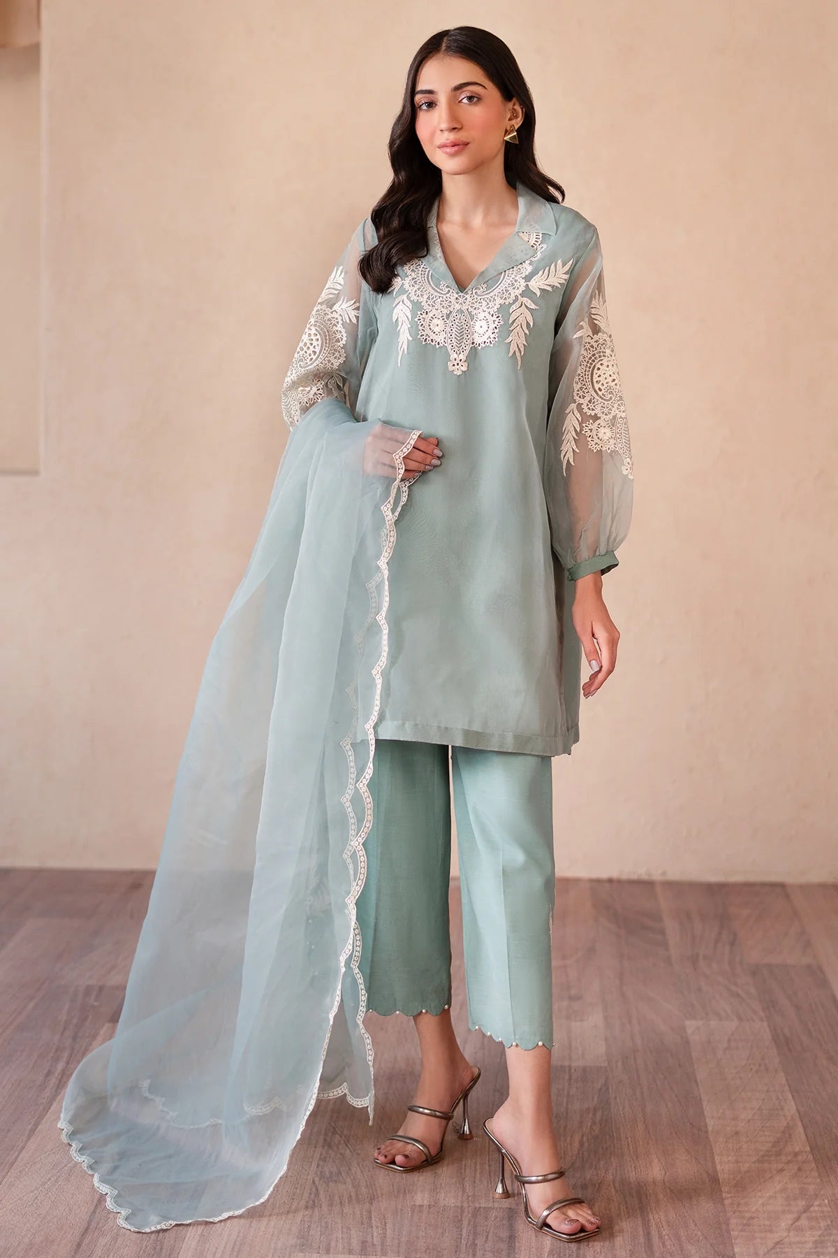 3-PC Embroidered Organza Shirt with Organza Dupatta and Trouser - RTS