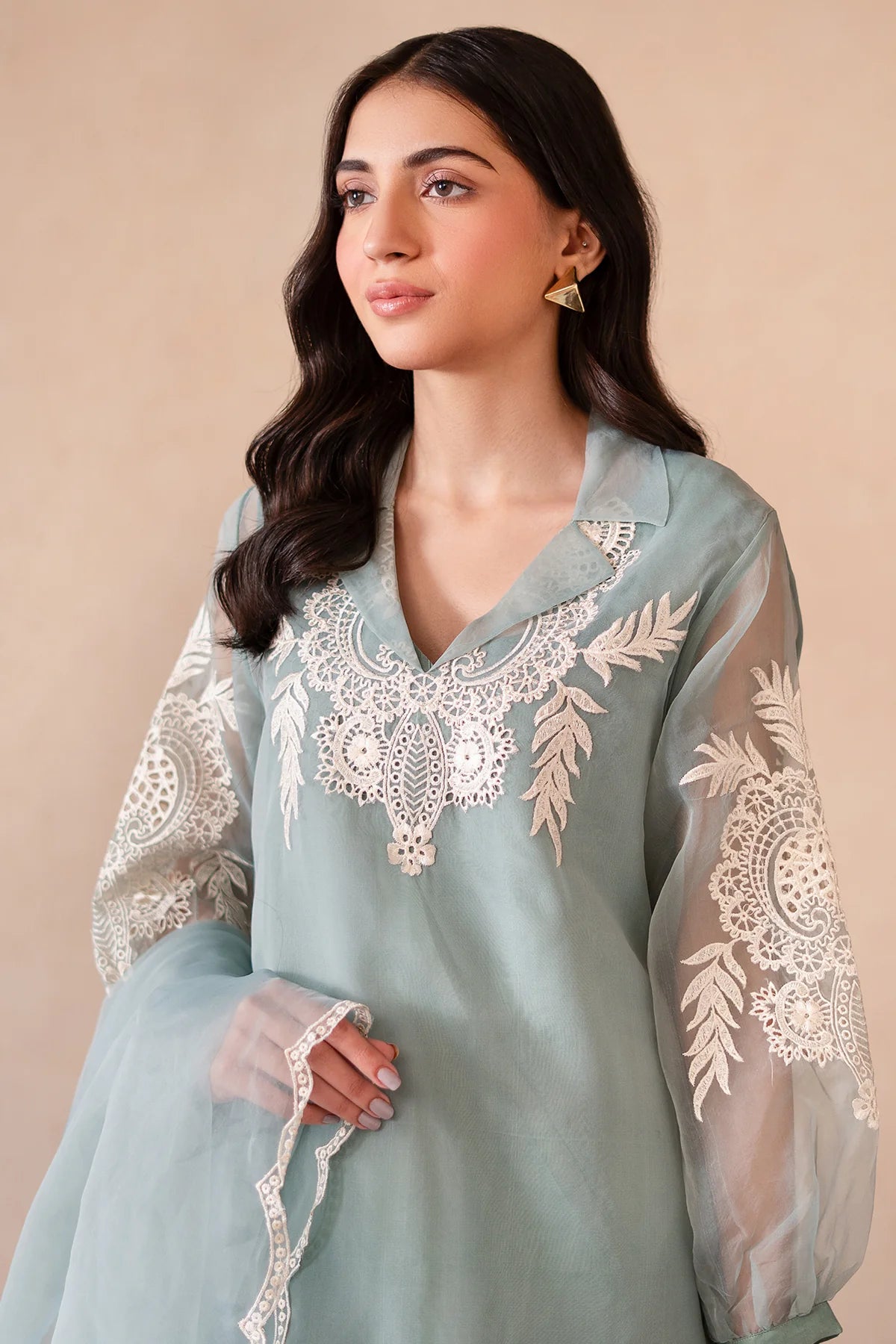3-PC Embroidered Organza Shirt with Organza Dupatta and Trouser - RTS