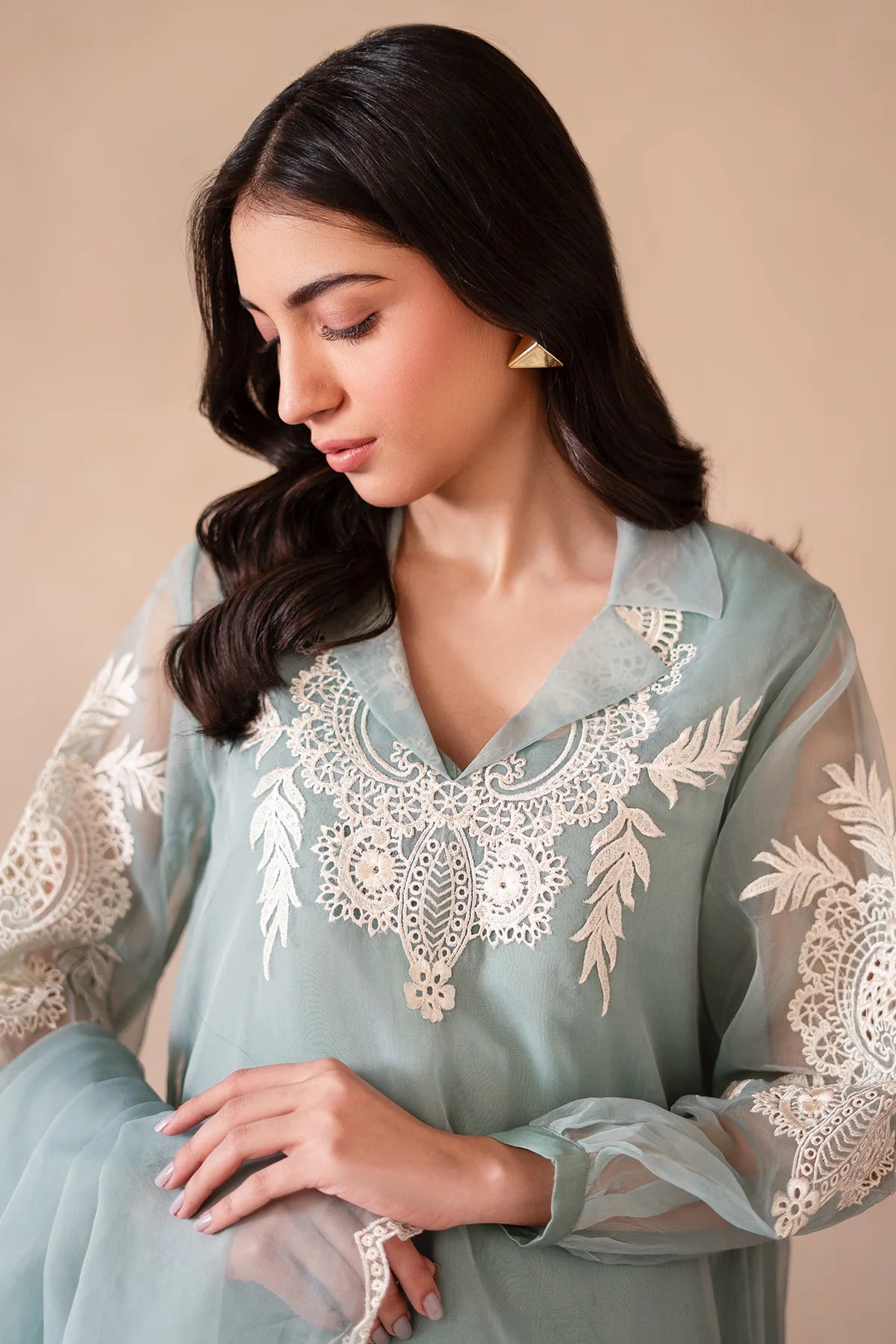 3-PC Embroidered Organza Shirt with Organza Dupatta and Trouser - RTS