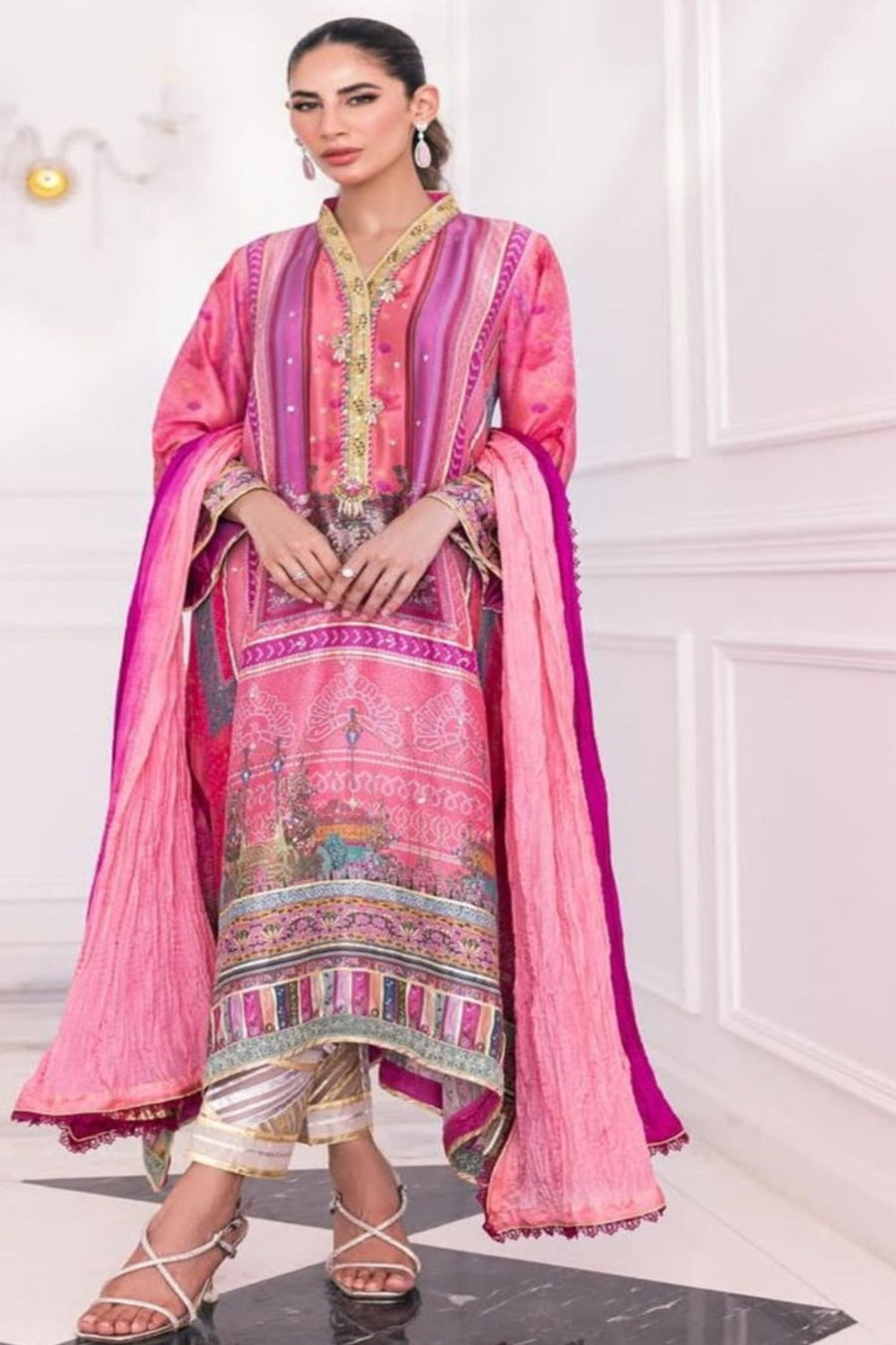 PINK PRINTED RAWSILK SHIRT WITH MEDIUM SILK DUPPATA (RTS) photo 1