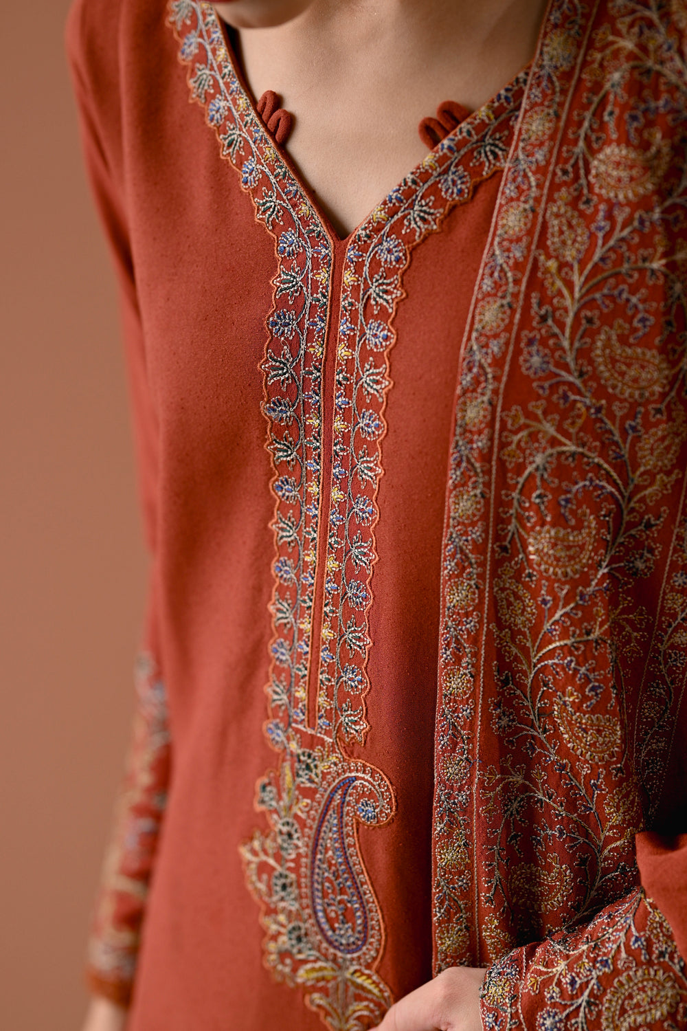 Luxury Karandi Vol II - DEEP RUST LUXURY EMBROIDERED KARANDI SET (NEL-24634)