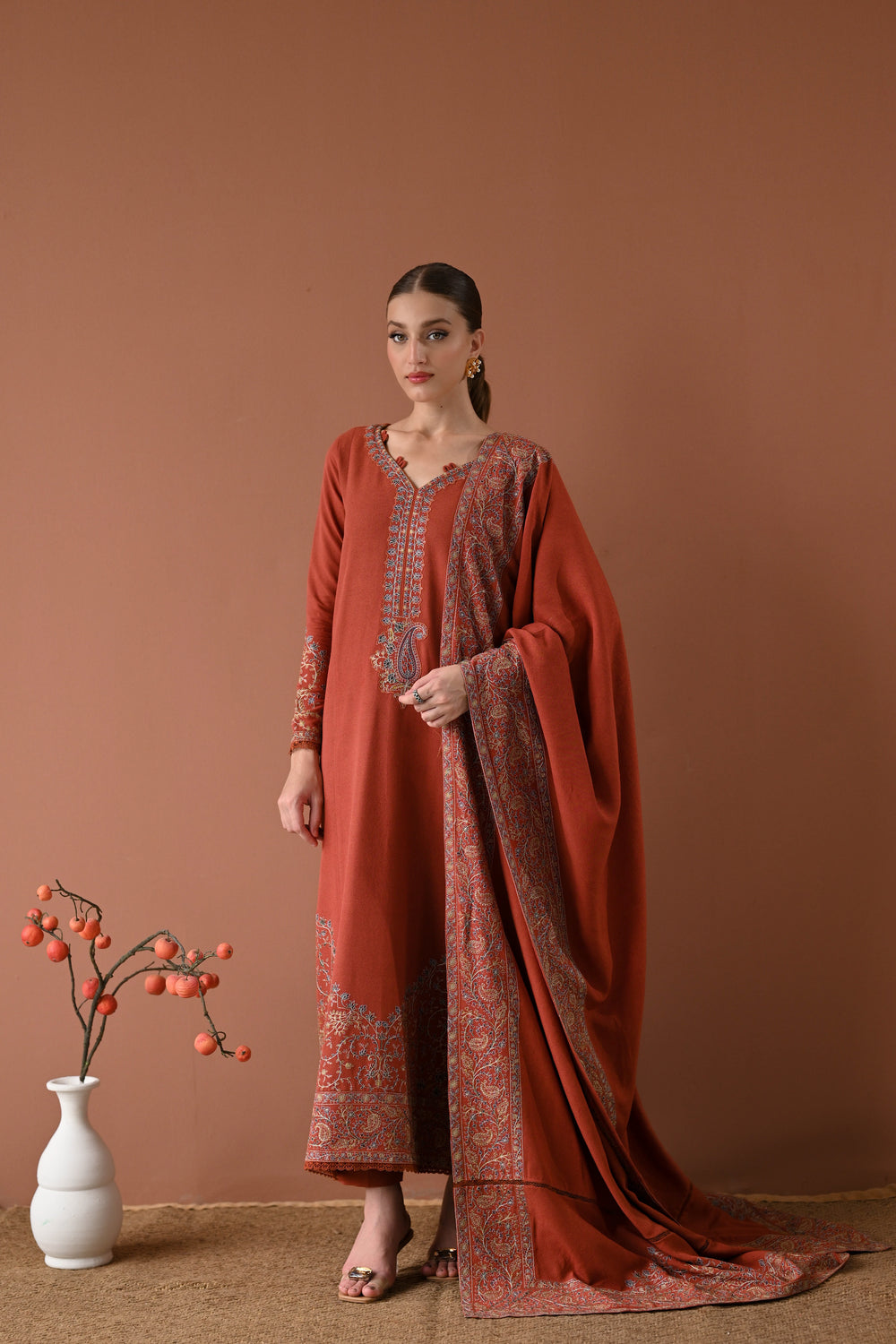 Luxury Karandi Vol II - DEEP RUST LUXURY EMBROIDERED KARANDI SET (NEL-24634)