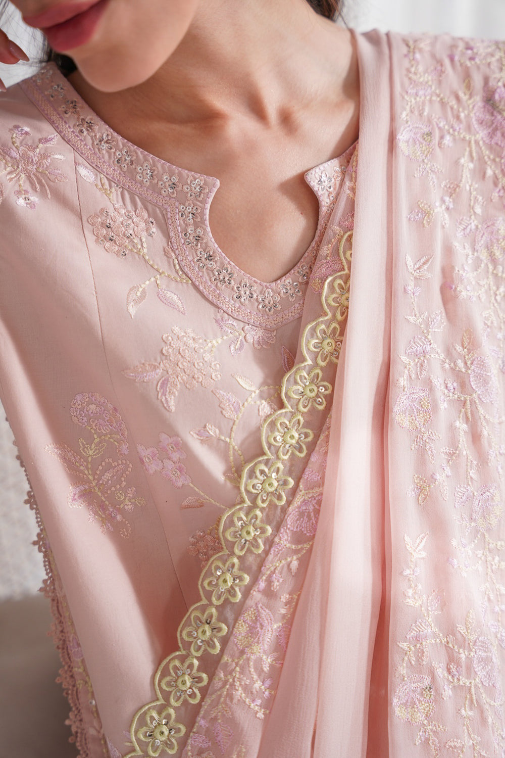 Eid Pret '25 - PASTEL PINK LUXURY EMBROIDERED 3PCS KALIDAR SET NPA3-25413