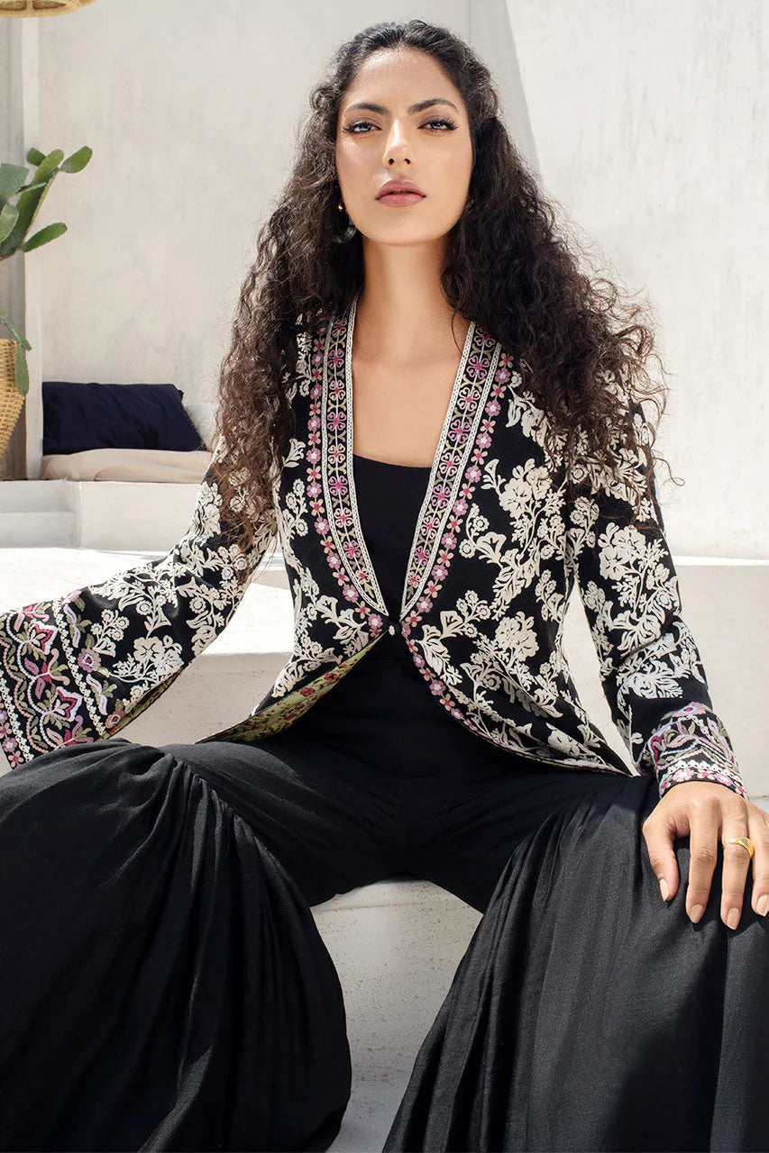 Jacket Luxury- Black Embroidered Khaddi Curdoroy Front-Open Short Jacket