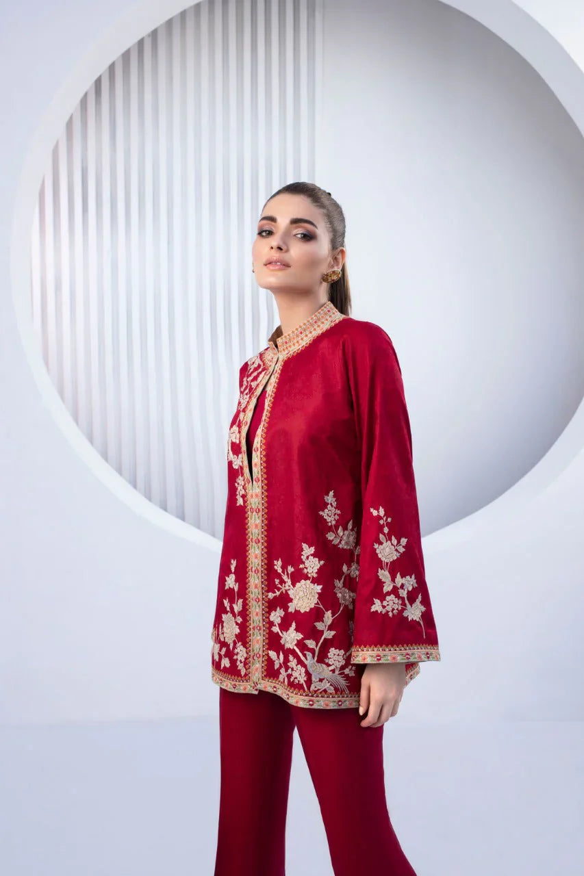Jacket Luxury- Wine Red Self Jamawar Jacket With Trousers
