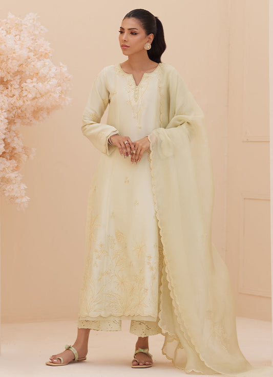 Zaza '25 - Crema Embroidered Raw Silk Shirt and Dupatta