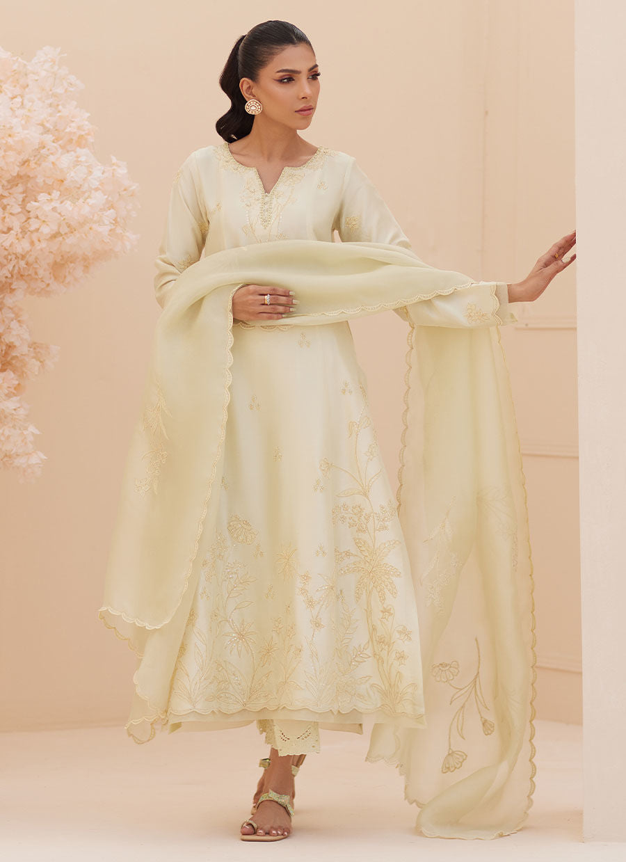 Zaza '25 - Crema Embroidered Raw Silk Shirt and Dupatta