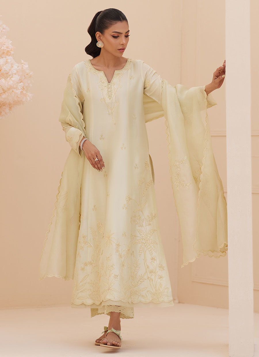 Zaza '25 - Crema Embroidered Raw Silk Shirt and Dupatta