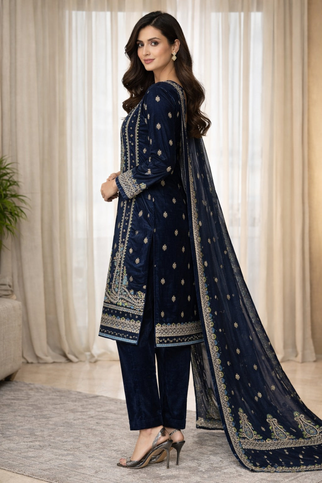Zeya Velvet - Navy Blue Velvet Unstitched Suit – 3 Piece Set - RTS