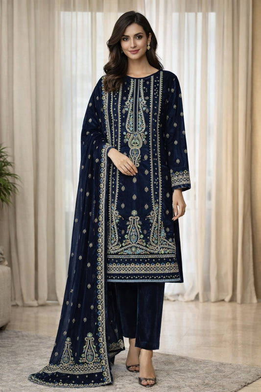 Zeya Velvet - Navy Blue Velvet Unstitched Suit – 3 Piece Set - RTS