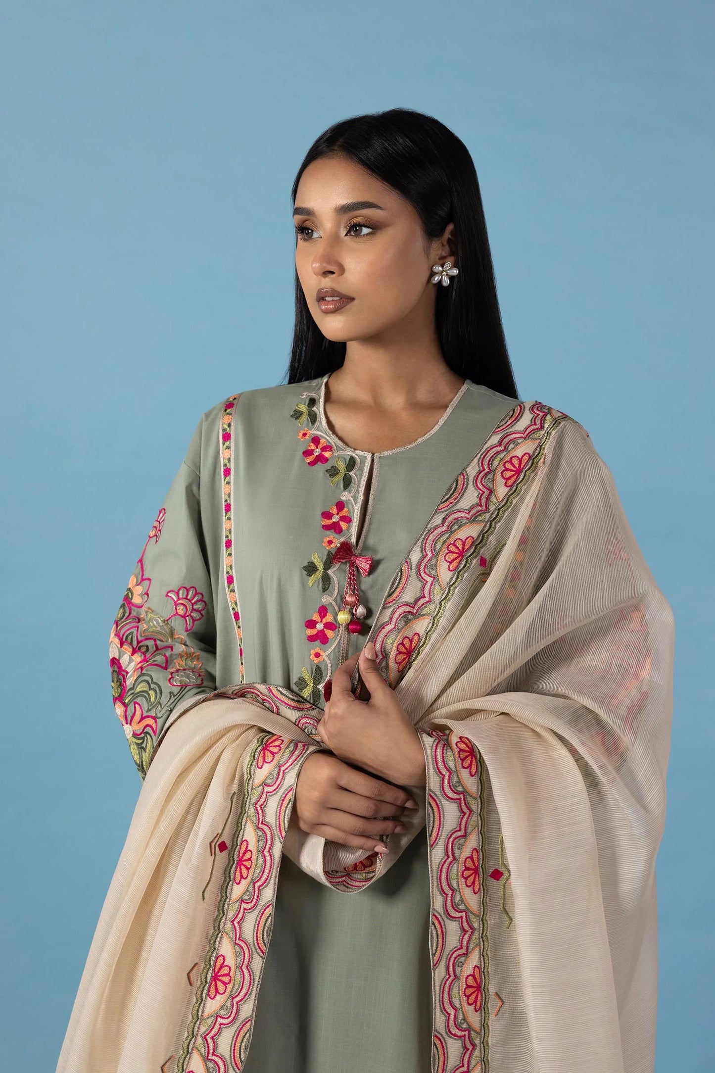 Stitched Embroidered Lawn Green Shirt and Bottom - RTS