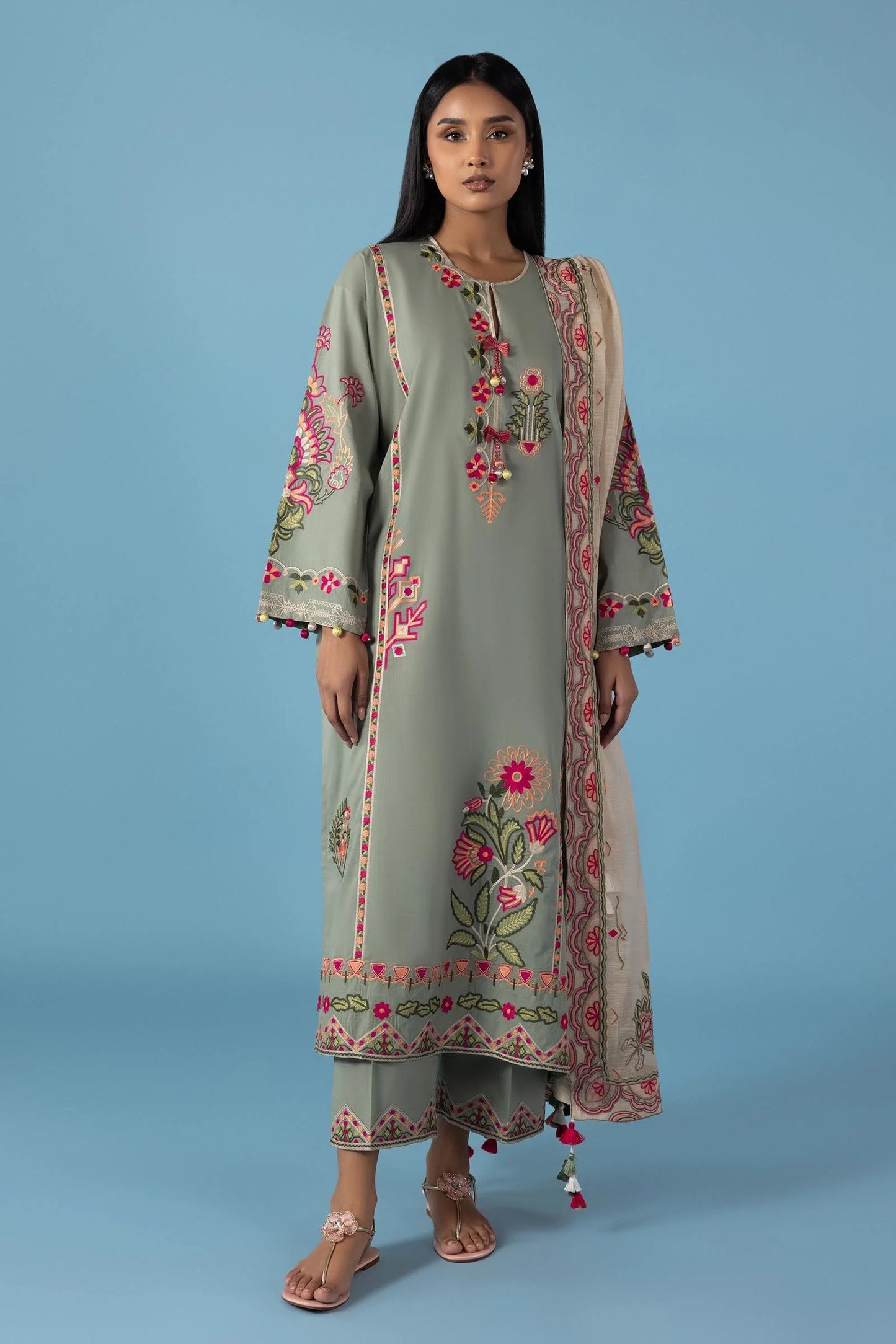 Stitched Embroidered Lawn Green Shirt and Bottom - RTS