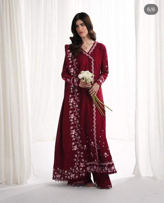 Zaib SS Eid Pret '25- RICH DEEP MAROON LUXURY EMBROIDERED 3PCS SET NPA3-25416 - RTS