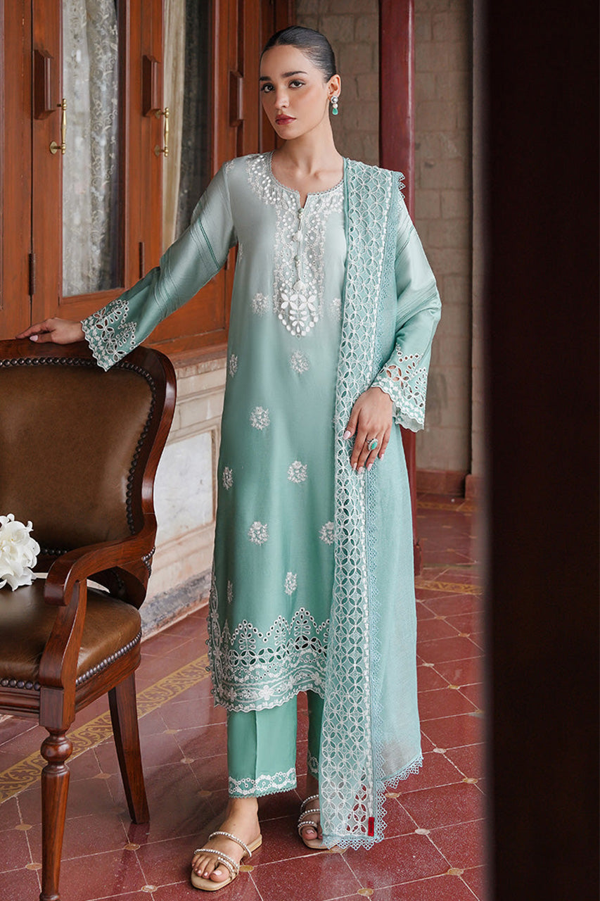 STAIN DE LUXE'24-AQUA MELODY-3PC SATIN EMBROIDERED SUIT