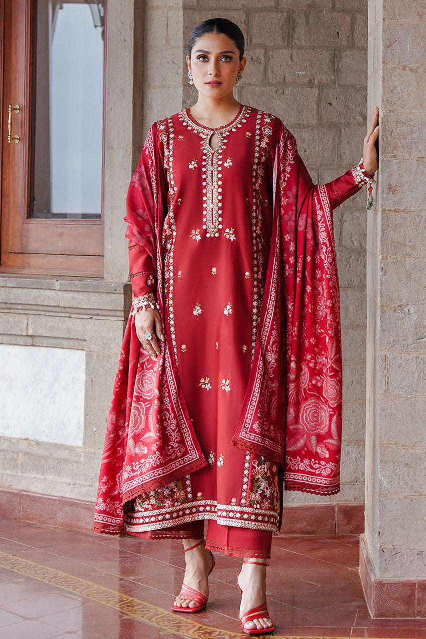 STAIN DE LUXE'24-RUBY WHISPER-3PC SATIN EMBROIDERED SUIT (RTS)