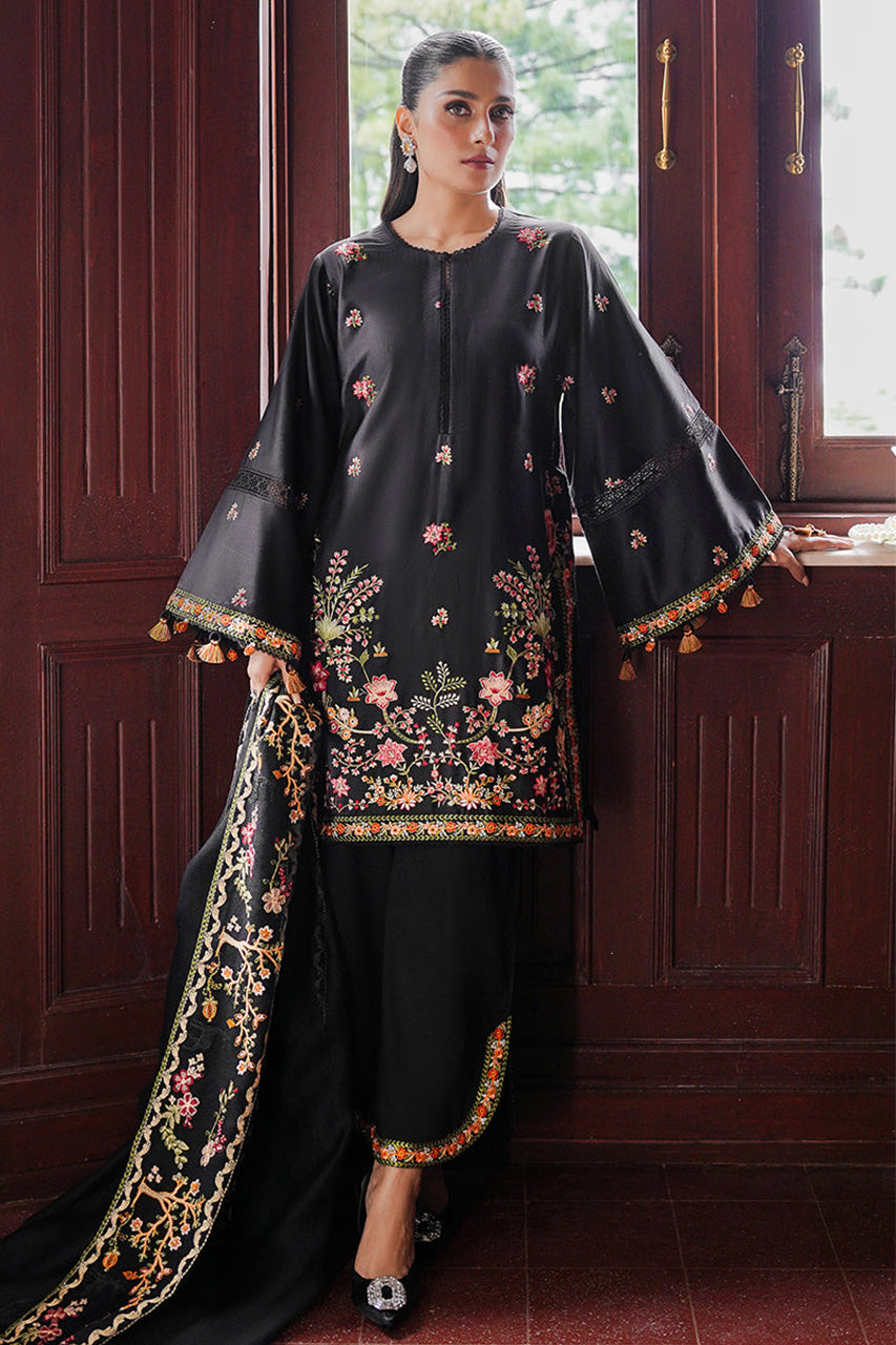 STAIN DE LUXE'24-RAVEN BLOSSOM-3PC SATIN EMBROIDERED SUIT