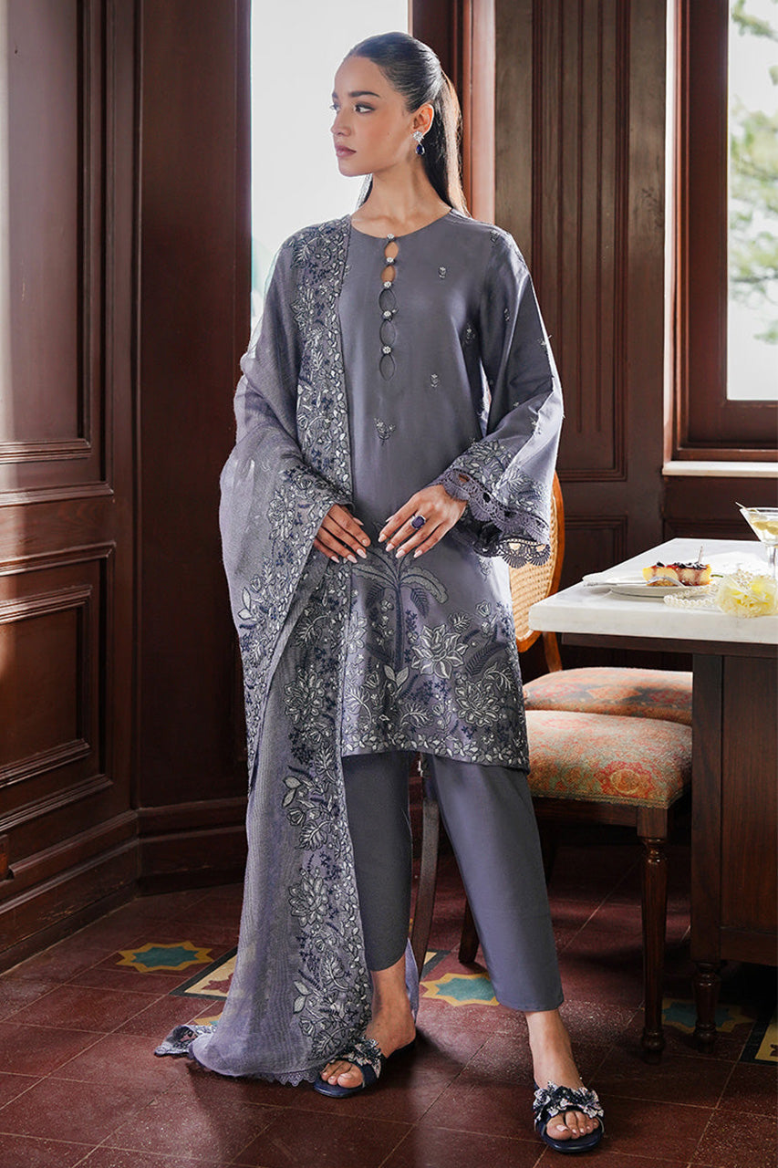 STAIN DE LUXE'24-INDIGO BLOOM-3PC SATIN EMBROIDERED SUIT