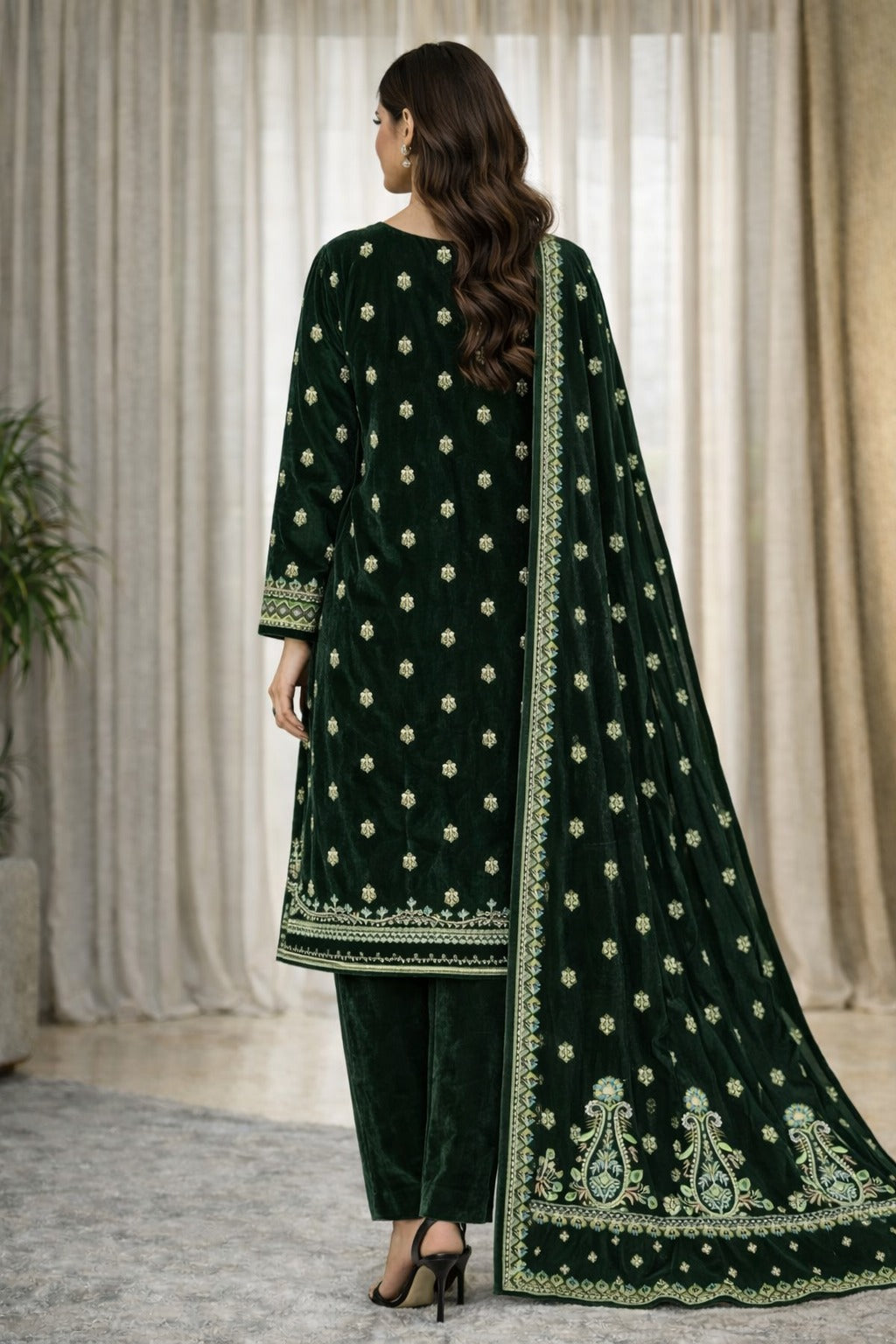 Zeya Velvet - Green Velvet Unstitched Suit – 3 Piece Set - RTS