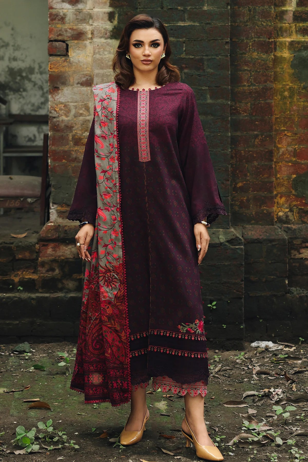 Charizma Luxury Winter Unstitched 3-Piece Suit CCW6-17 – Deep Wine - RTS