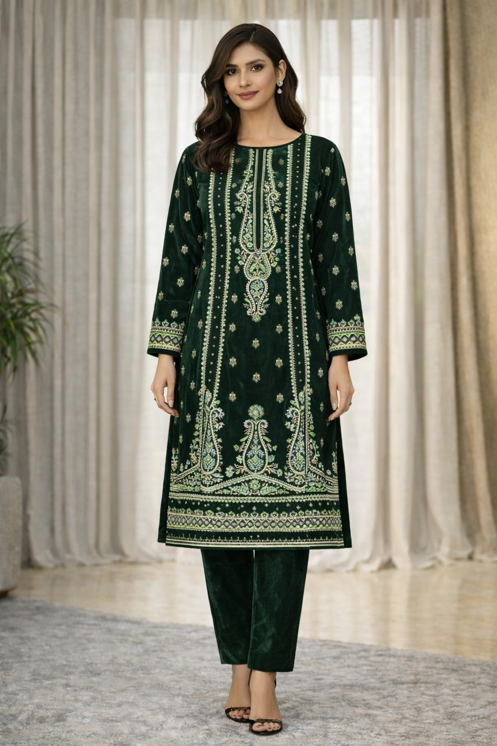 Zeya Velvet - Green Velvet Unstitched Suit – 3 Piece Set - RTS