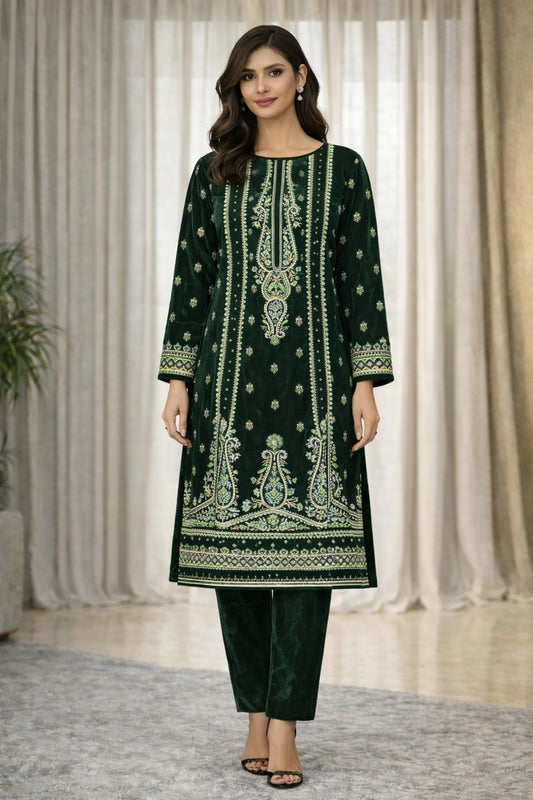 Zeya Velvet - Green Velvet Unstitched Suit – 3 Piece Set - RTS