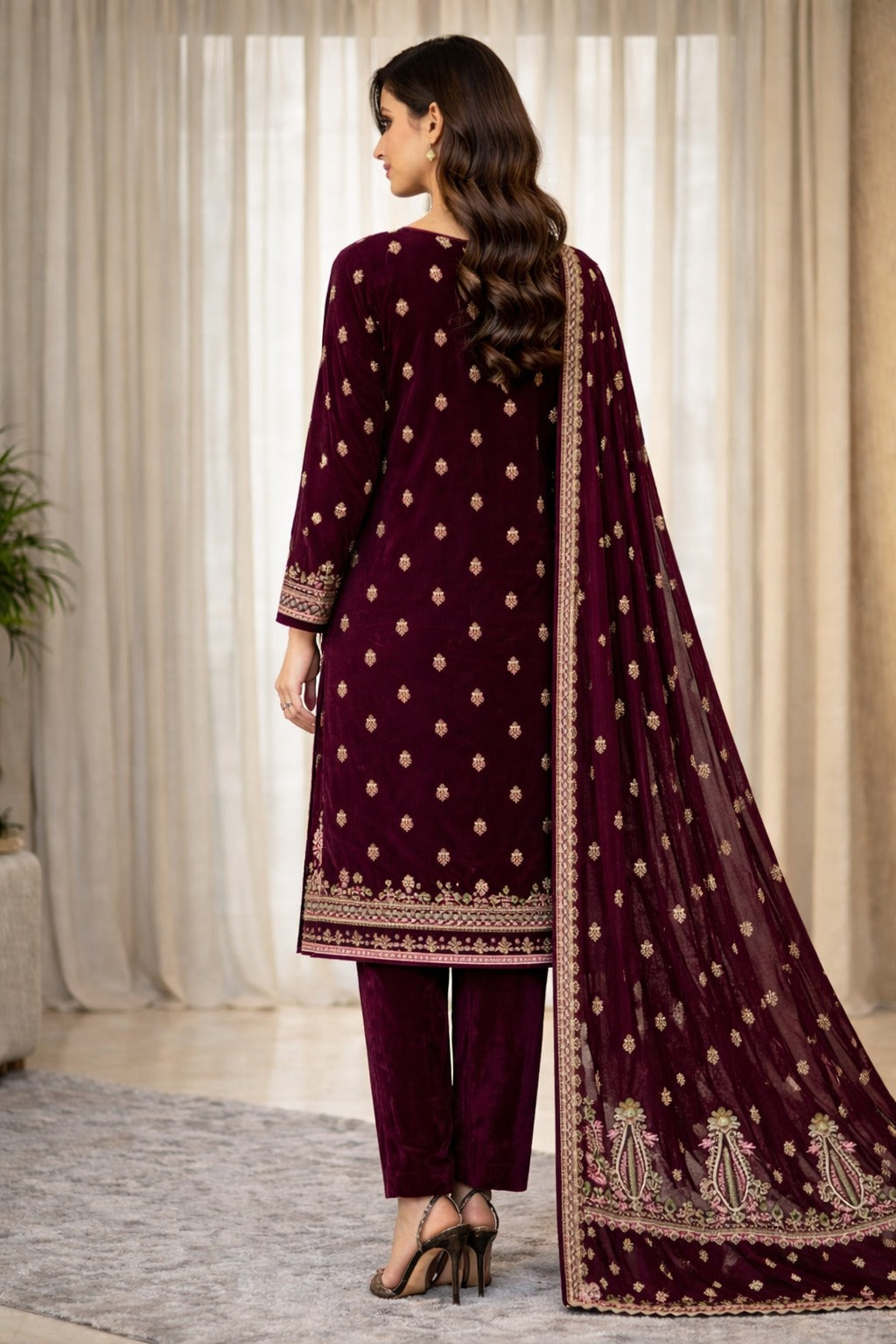 Zeya Velvet - Maroon Velvet Unstitched Suit – 3 Piece Set - RTS