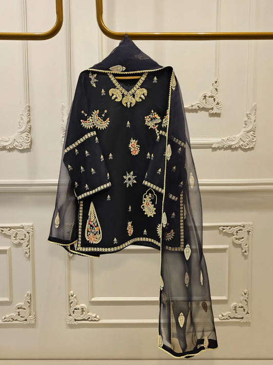 3 Piece- Pure Silk Net Embroidered Suit S111669 - RTS