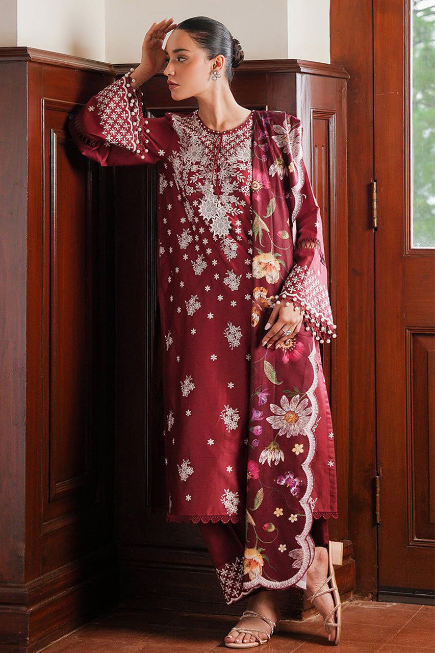 STAIN DE LUXE'24-DEEP BERRY-3PC SATIN EMBROIDERED SUIT