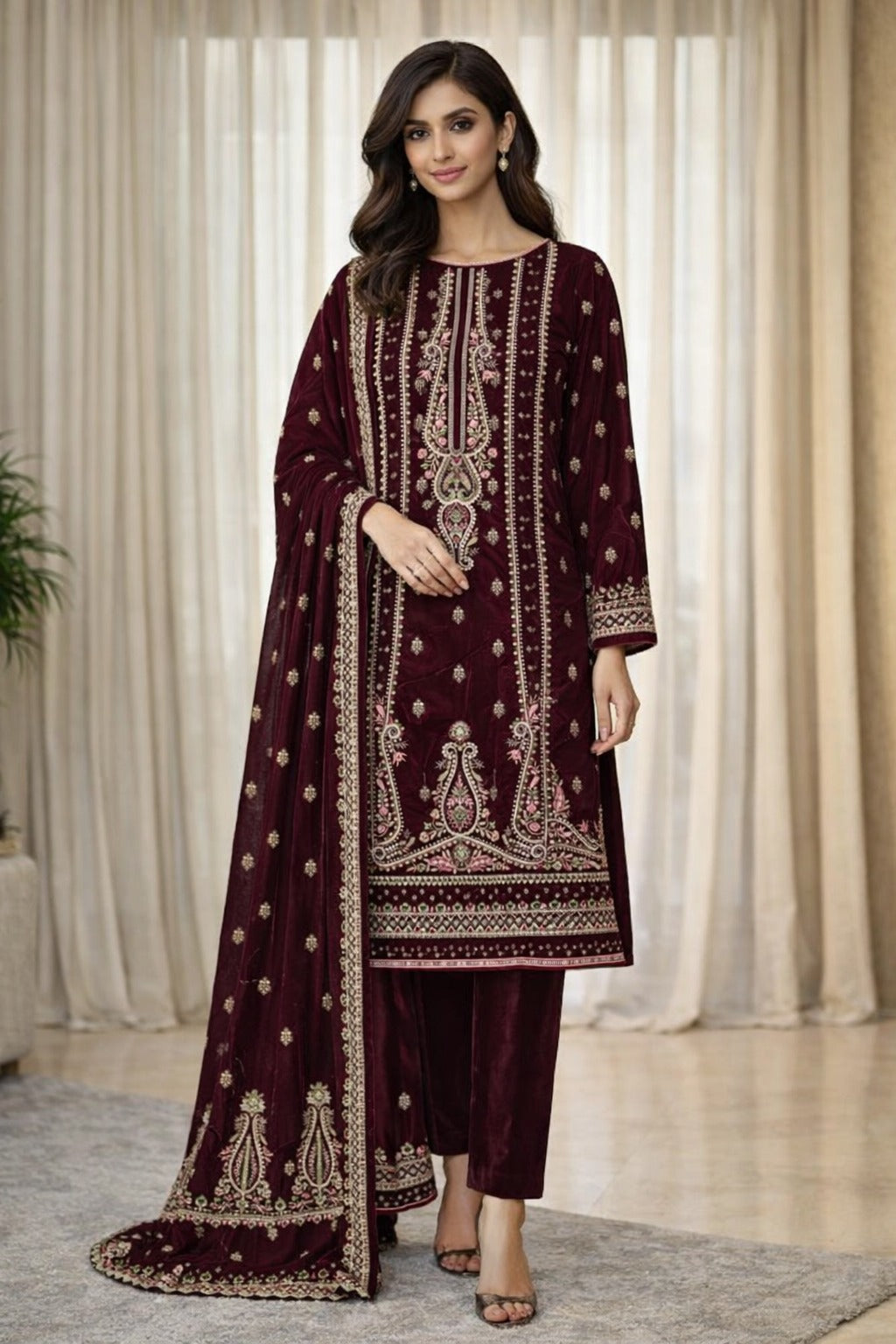 Zeya Velvet - Maroon Velvet Unstitched Suit – 3 Piece Set - RTS