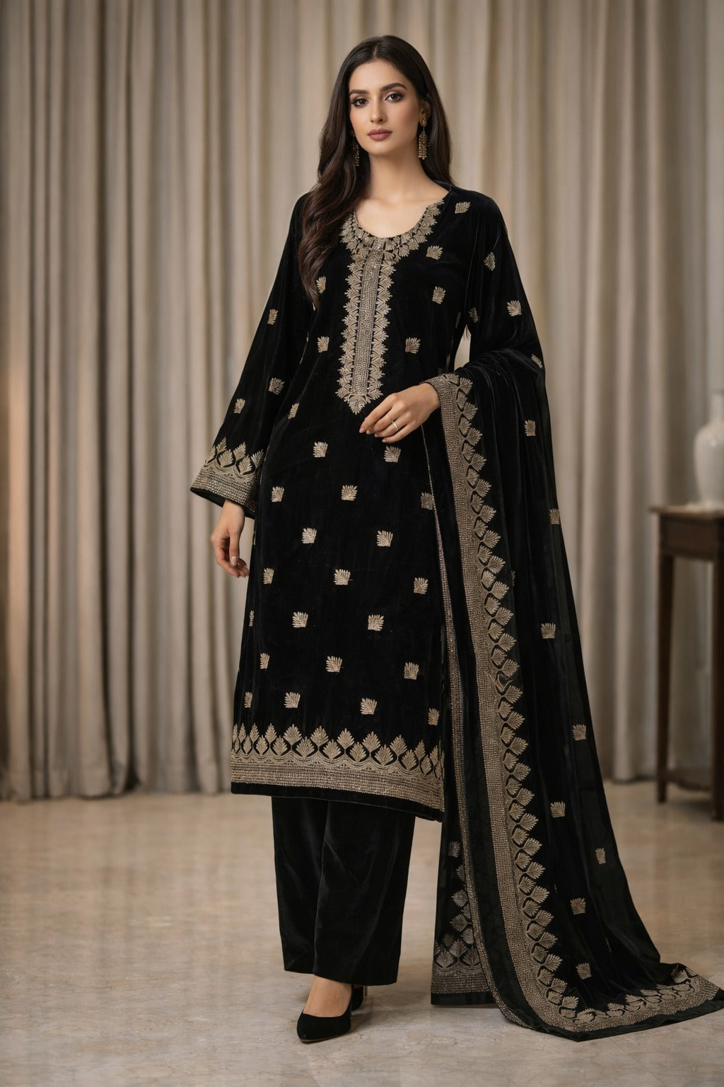 Zeya Velvet - Black Velvet Unstitched Suit – 3 Piece Set - RTS