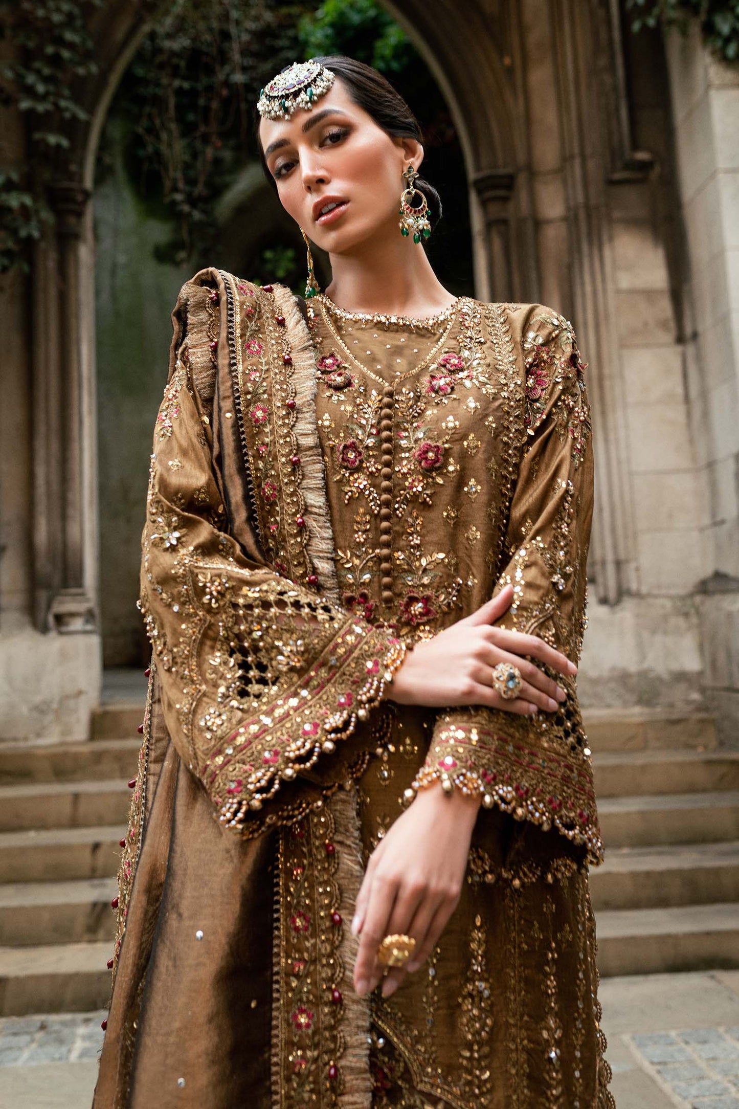 3 Piece Unstitched Embroidered Raw Silk Suit WF-09-04-Tambaku Brown - RTS