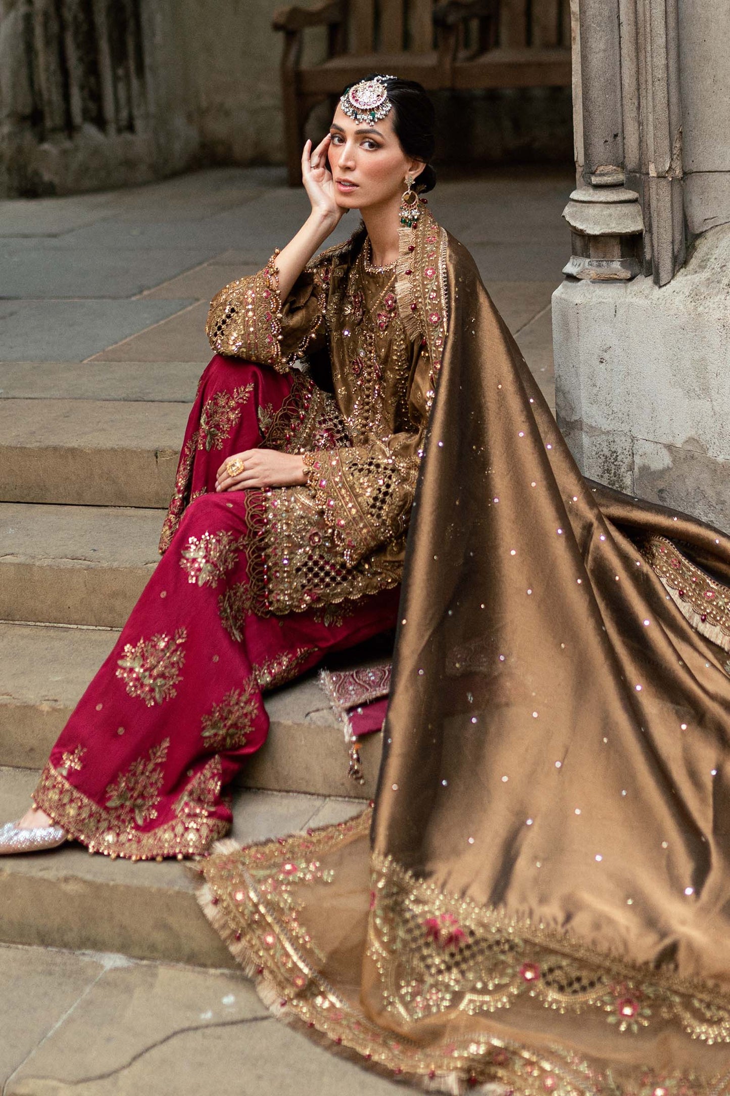3 Piece Unstitched Embroidered Raw Silk Suit WF-09-04-Tambaku Brown - RTS