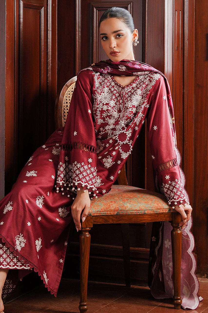 STAIN DE LUXE'24-DEEP BERRY-3PC SATIN EMBROIDERED SUIT