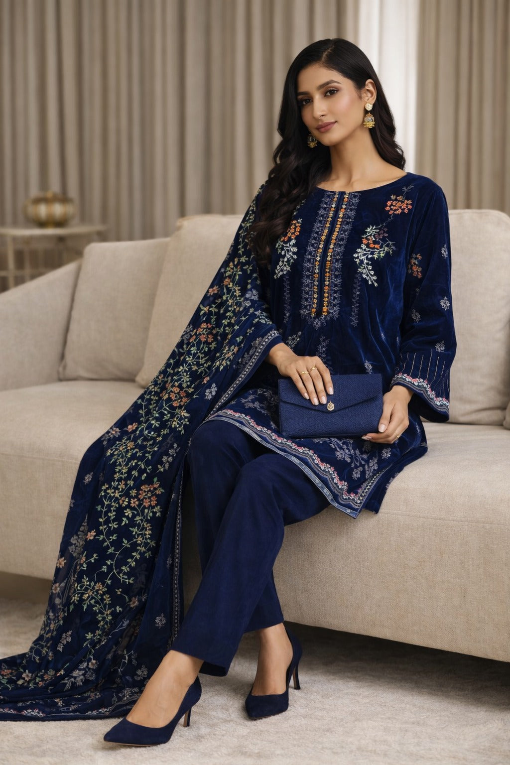 Zeya Velvet - Blue Velvet Unstitched Suit – 3 Piece Set- RTS
