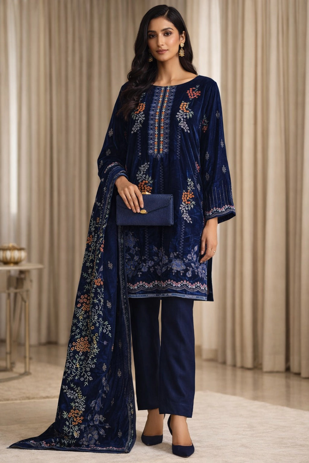 Zeya Velvet - Blue Velvet Unstitched Suit – 3 Piece Set- RTS