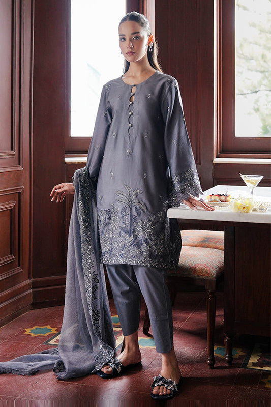 STAIN DE LUXE'24-INDIGO BLOOM-3PC SATIN EMBROIDERED SUIT