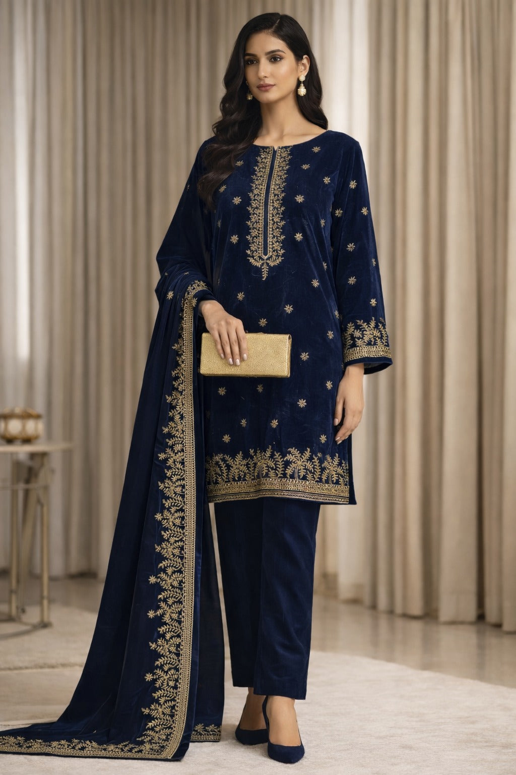 Zeya Velvet - Navy Blue 03 Velvet Unstitched Suit – 3 Piece Set - RTS