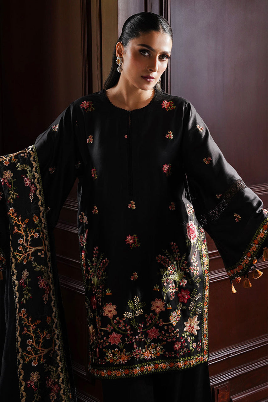 STAIN DE LUXE'24-RAVEN BLOSSOM-3PC SATIN EMBROIDERED SUIT