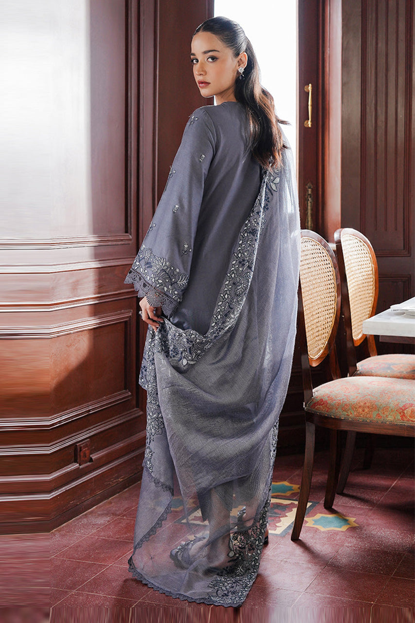 STAIN DE LUXE'24-INDIGO BLOOM-3PC SATIN EMBROIDERED SUIT