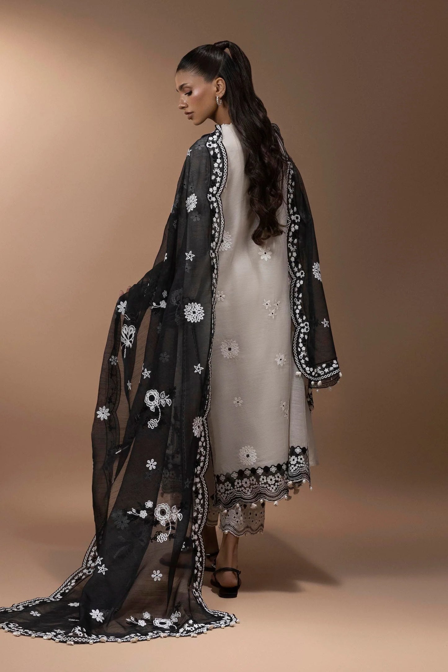 Stitched Embroidered Shirt Beige & Black - RTS