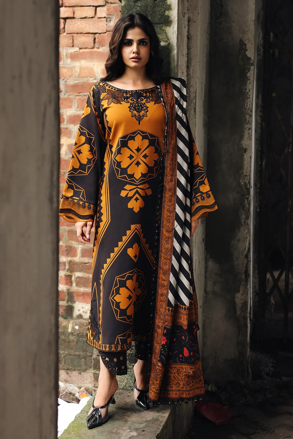 Charizma Black & Mustard Embroidered Unstitched