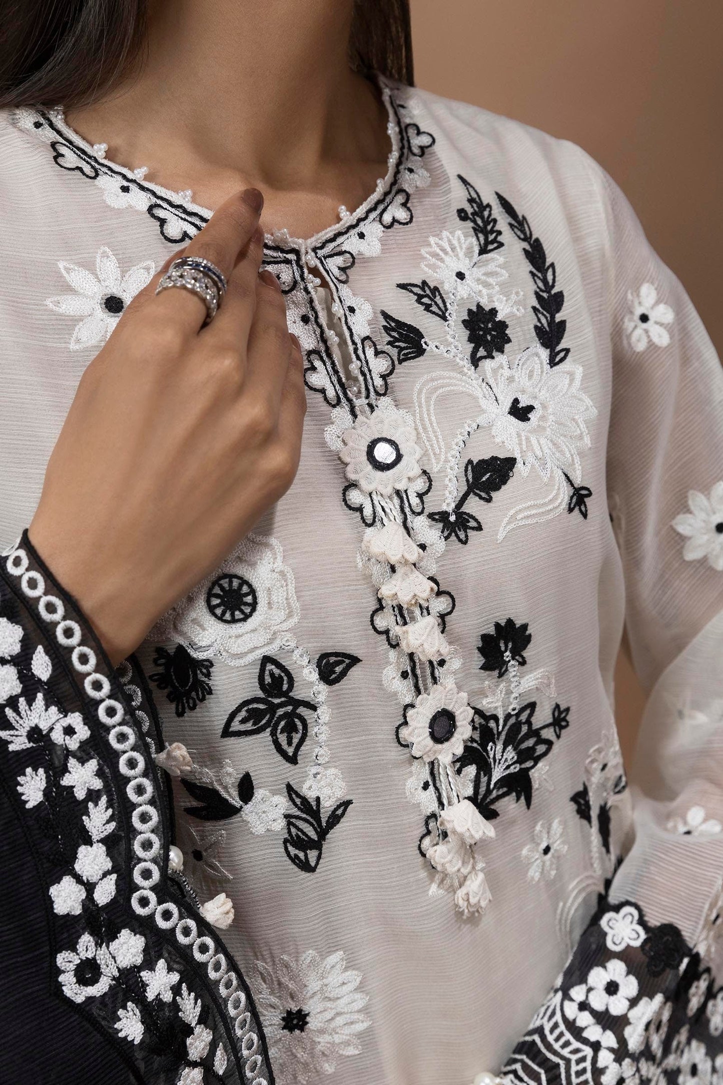 Stitched Embroidered Shirt Beige & Black - RTS